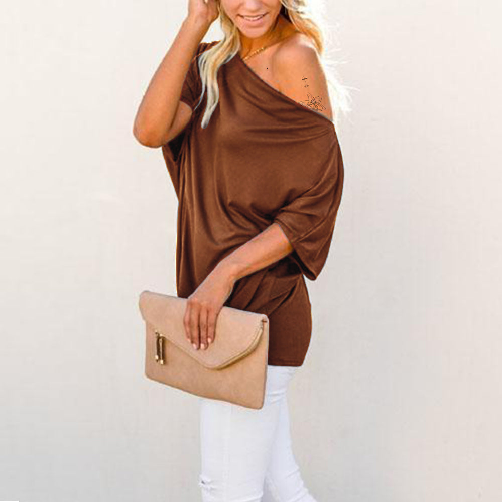 Off Shoulder Batwing Sleeve Ribbed Shirt Loose Tops