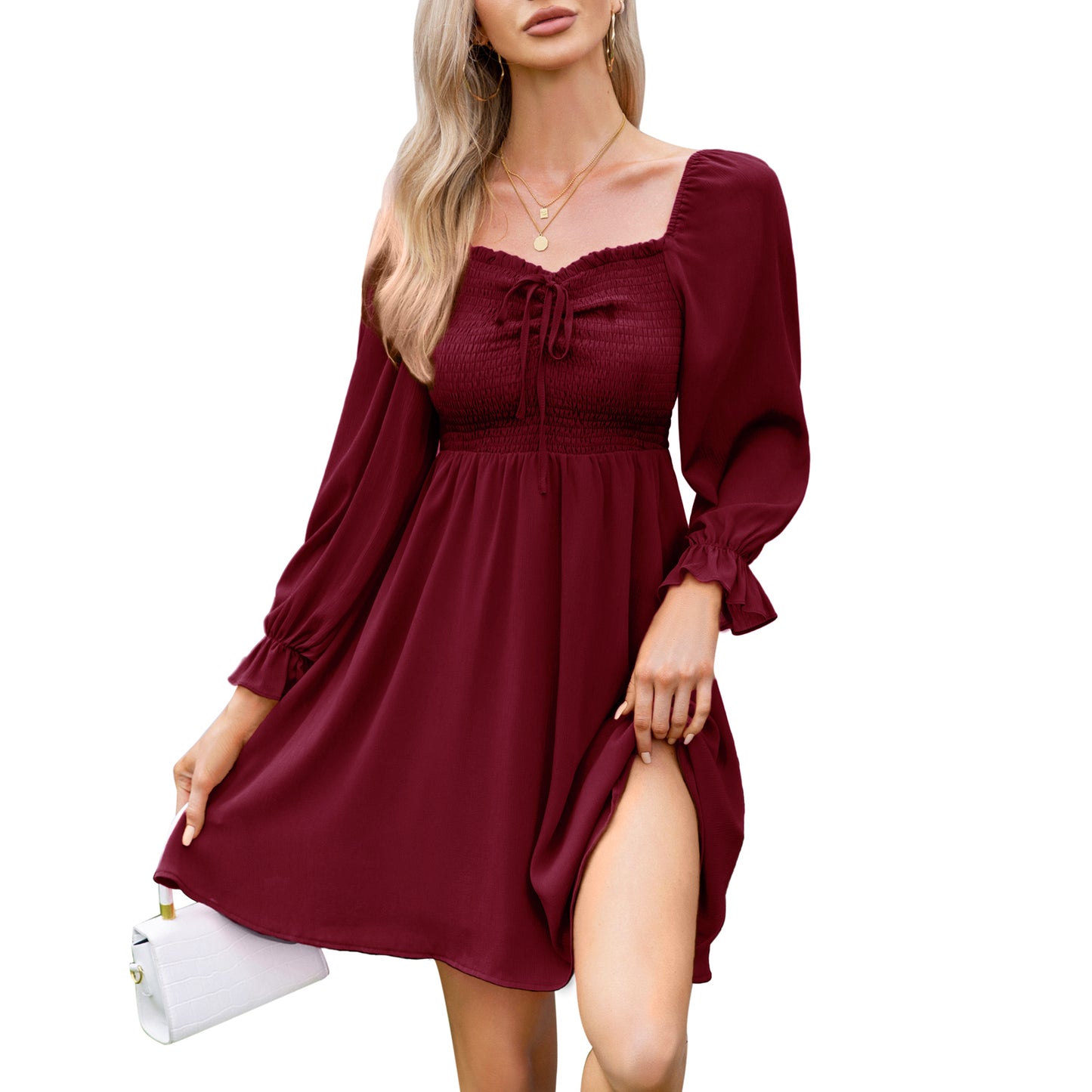 EXLURA Women’s Drawstring Mini Dress Sweetheart Neckline Smocked Flowy Dress Puff Long Sleeve Ruffle Cute Wedding Guest Dress