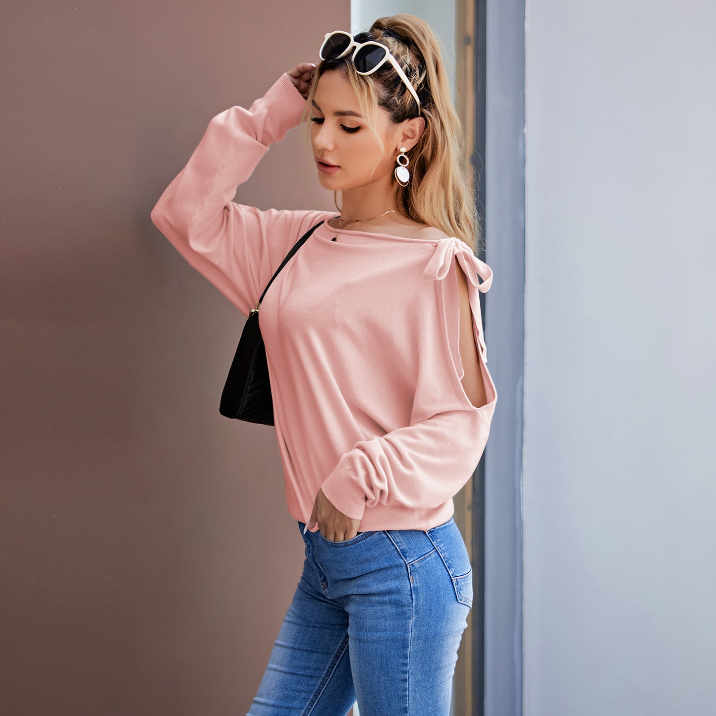 Tie Knot One Shoulder Blouse Batwing Sleeve Elegant Loose Fit Tops