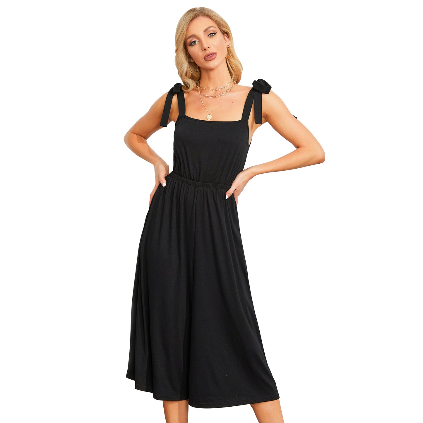 Byinns Women’s Square Neck Sleeveless Strappy Long Romper Tie Shoulder Wide Leg High Waist Knit Jumpsuit Playsuit
