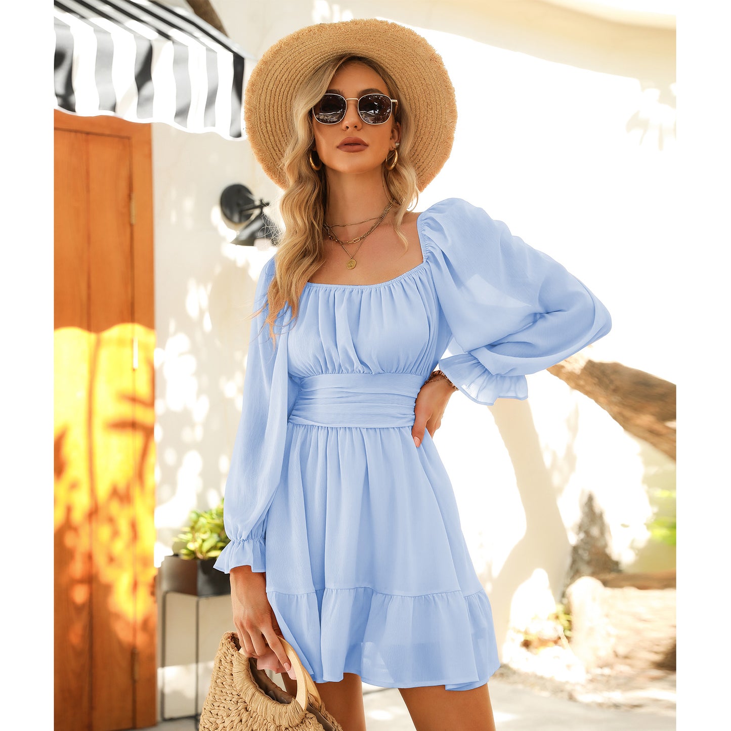 Long Lantern Sleeve Square Neck Dress Elastic Waist Aline Casual Mini Dress