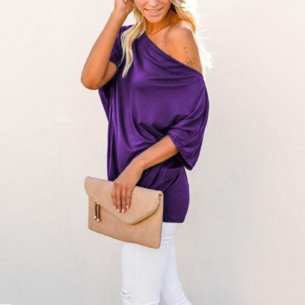 Off Shoulder Batwing Sleeve Ribbed Shirt Loose Tops