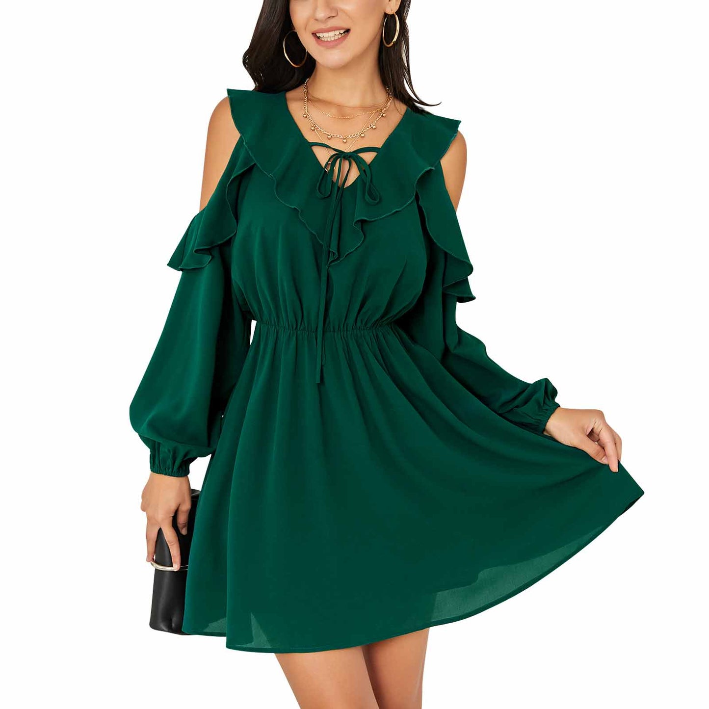Exlura Women’s Ruffle Swing Mini Dress Cold Shoulder V Neck Long Sleeve Dress Cute Bridal Shower Wedding Guest Dress