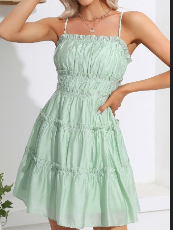 Summer Spaghetti Strap Mini Dress - Empire Waist Ruffle Smocked