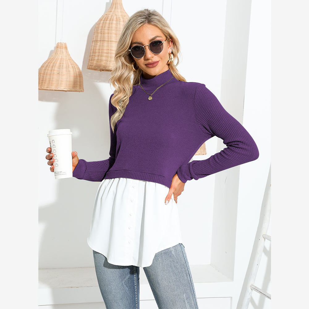 EXLURA Women's Patchwork Shirt Office Shirt Ribbed Sleeve Button Down Shirt Hem 2 in 1 Pullover Blouse Tops for Work
