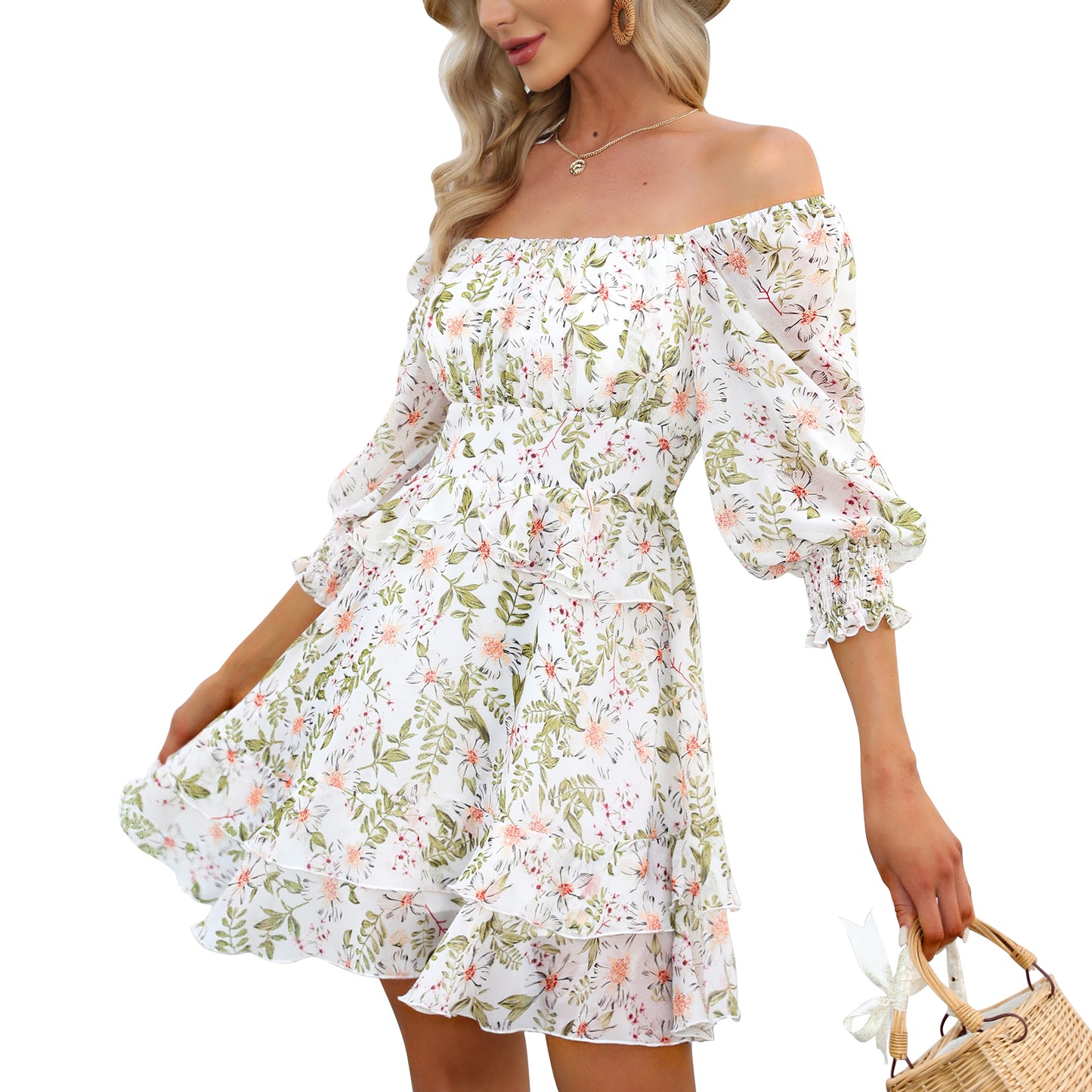 Tiered Square Neck Off Shoulder Smocked Skater  Sundress