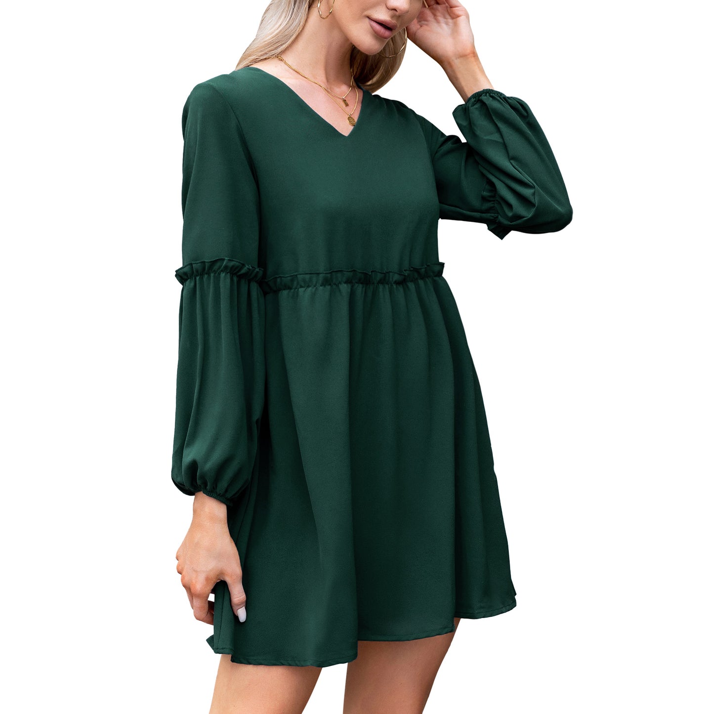 Exlura Women’s Casual Flowy Tunic Tshirt Dress V Neck Ruffle Long Puff Sleeve Dress Cocktail Party Mini Dress