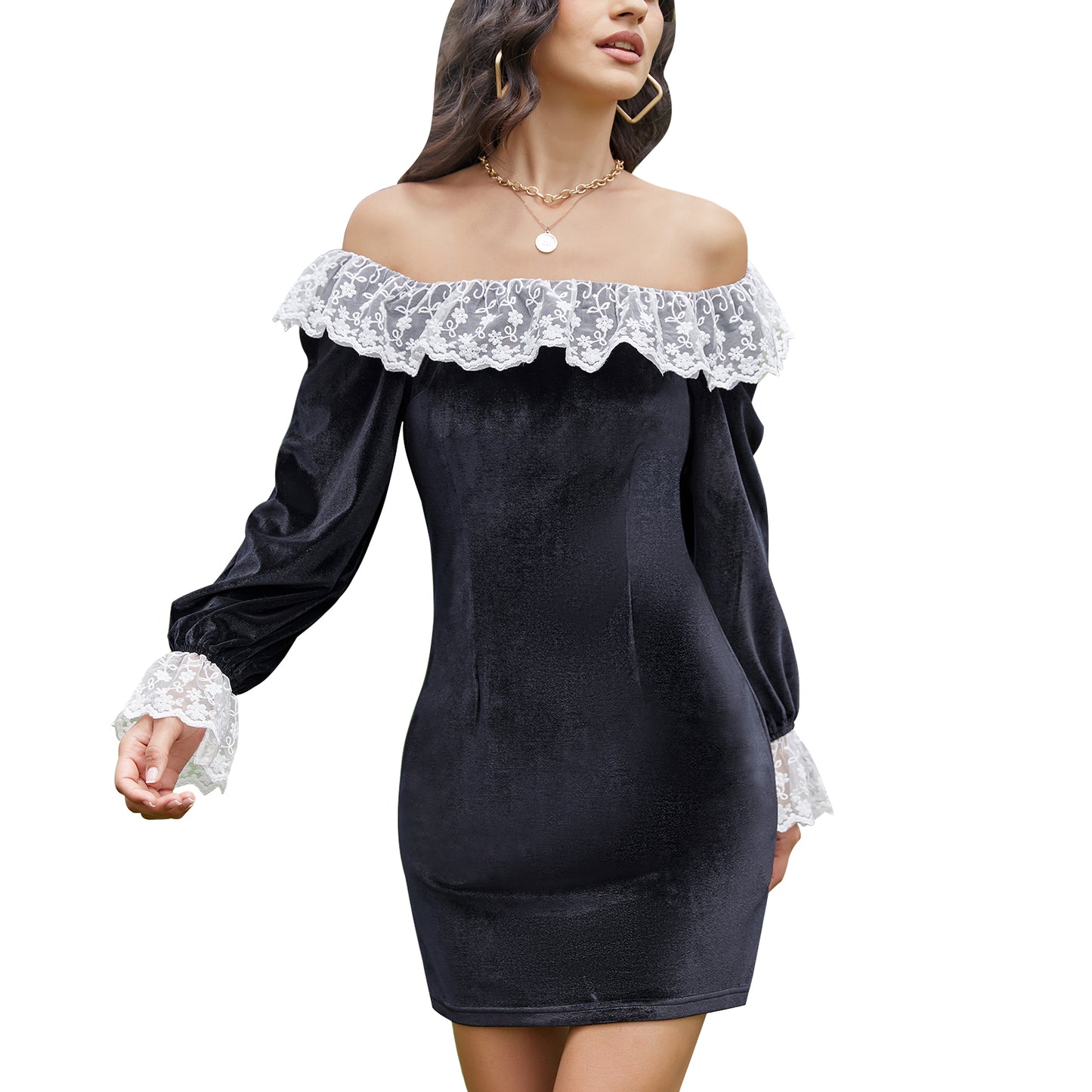 Exlura Women’s Lace Ruffle Velvet Mini Dress Square Neck Long Lantern Sleeve Victorian Dress Club Cocktail Party Bodycon Dress