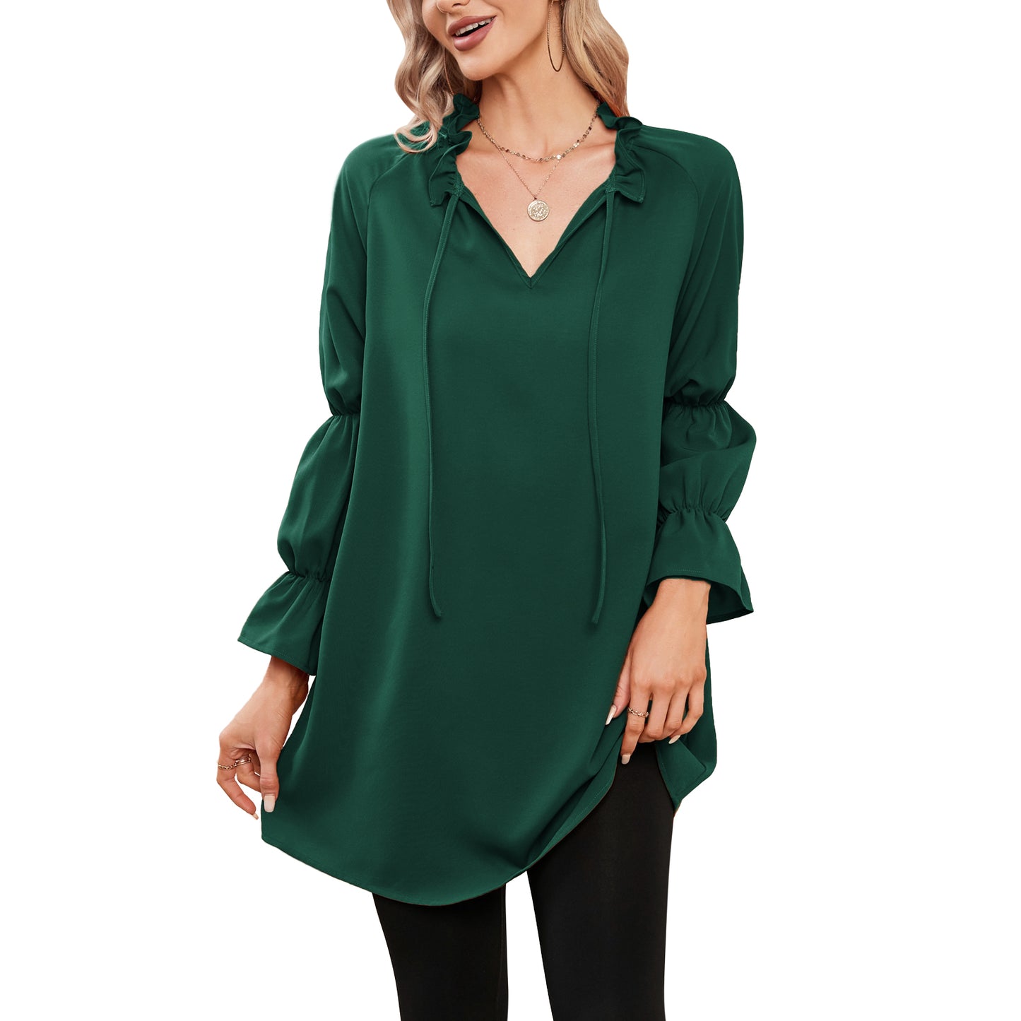 Exlura Women’s Vintage Casual Mini Dress Tie Front Ruffle Long Puff Sleeve Tunic Dress Cocktail Party Dress