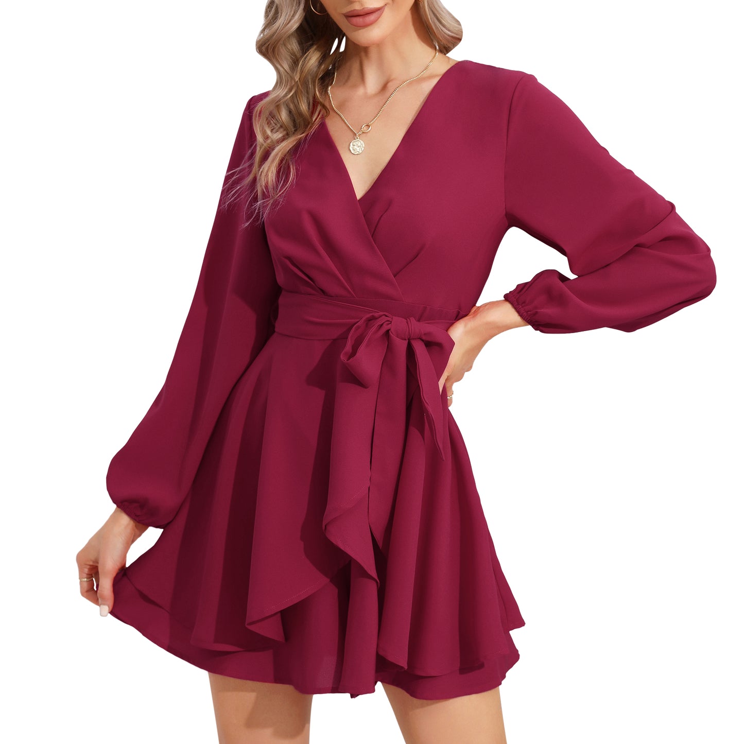 EXLURA Women’s Dressy Jumpsuit V Neck Puff Long Sleeve Waist Tie Ruffle Flowy Faux Wrap Jumpsuits Club Party Cocktail Wedding Guest Rompers