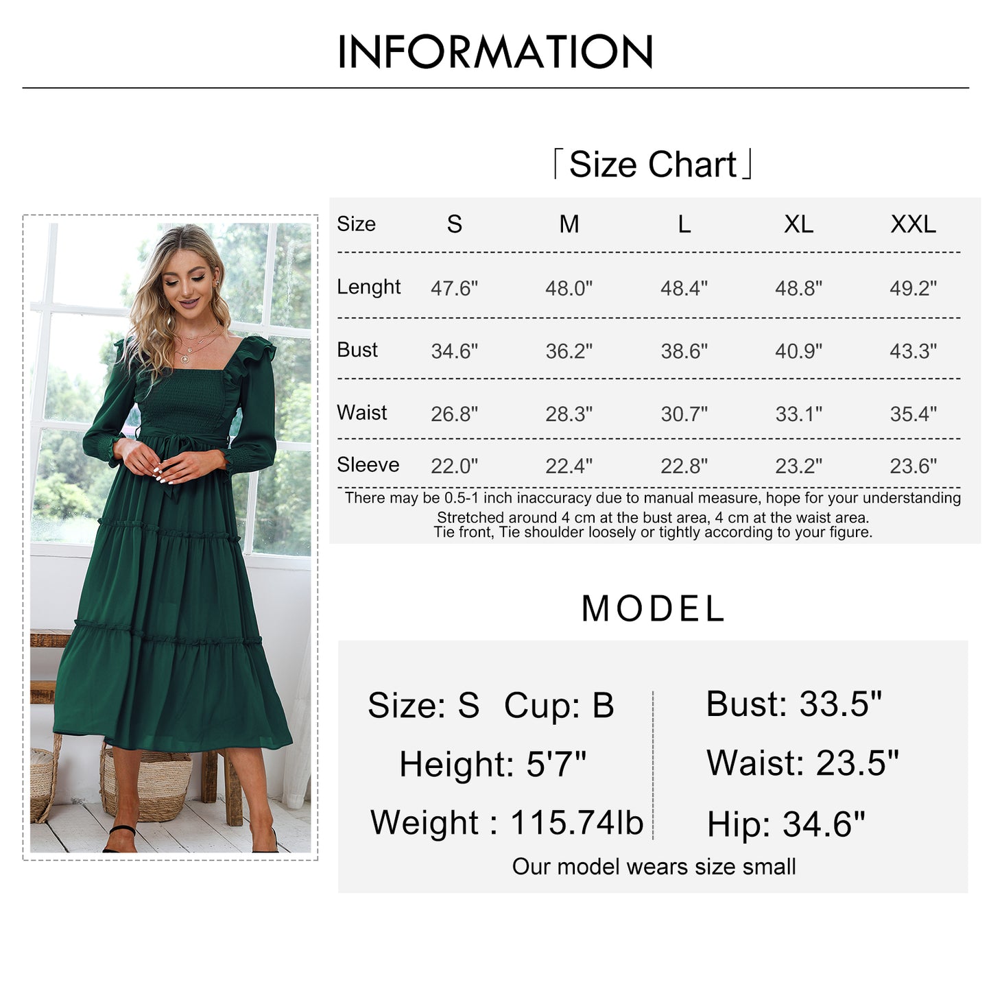 Byinns Womens Long Sleeves Smocked Waist Maxi Dress Elegant Ruffle Square Neck Dresses