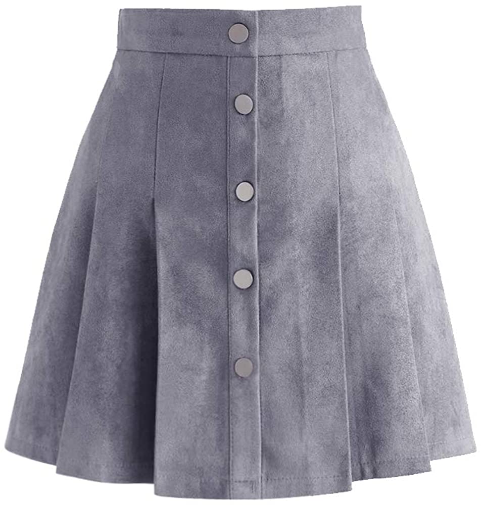 Exlura Womens Faux Suede High Waist Pleated Short Skirt Elastic Button Front Skater Mini Skirt