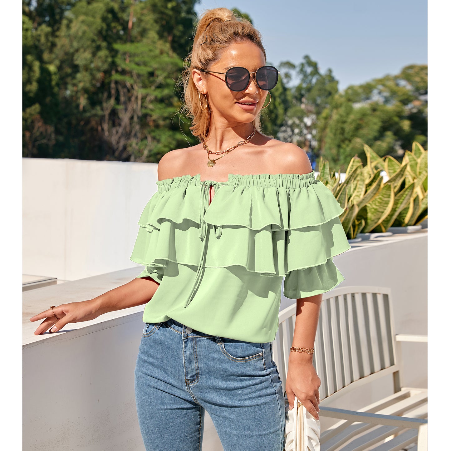 Off Shoulder Ruffle Long Sleeve Blouses Casual Layered Tops