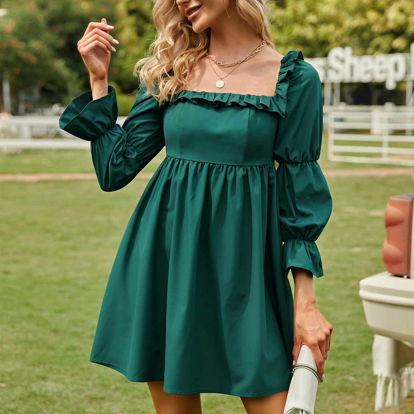 Exlura Women’s Bridal Shower Wedding Guest Dress Square Neck Long Sleeve Ruffle Dress Backless Tie Back Swing Dress Mini Short Dresses