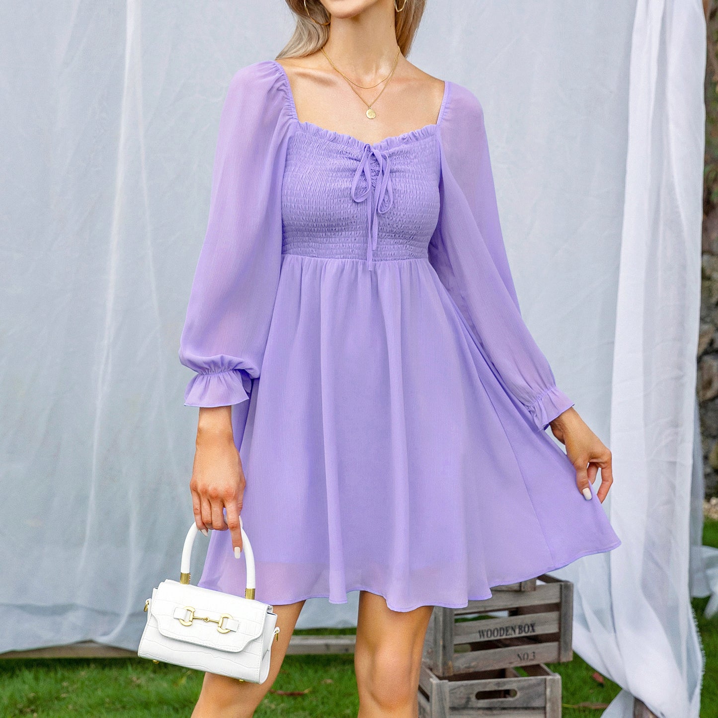 EXLURA Women’s Drawstring Mini Dress Sweetheart Neckline Smocked Flowy Dress Puff Long Sleeve Ruffle Cute Wedding Guest Dress