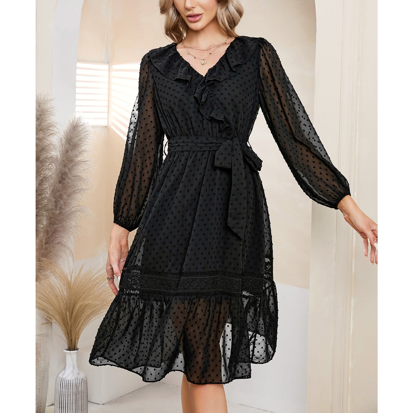 EXLURA Women’s Belted Swiss Dot V Neck Midi Dress Long Puff Sleeve Ruffle Dress Lace Patchwork Wedding Guest Dress