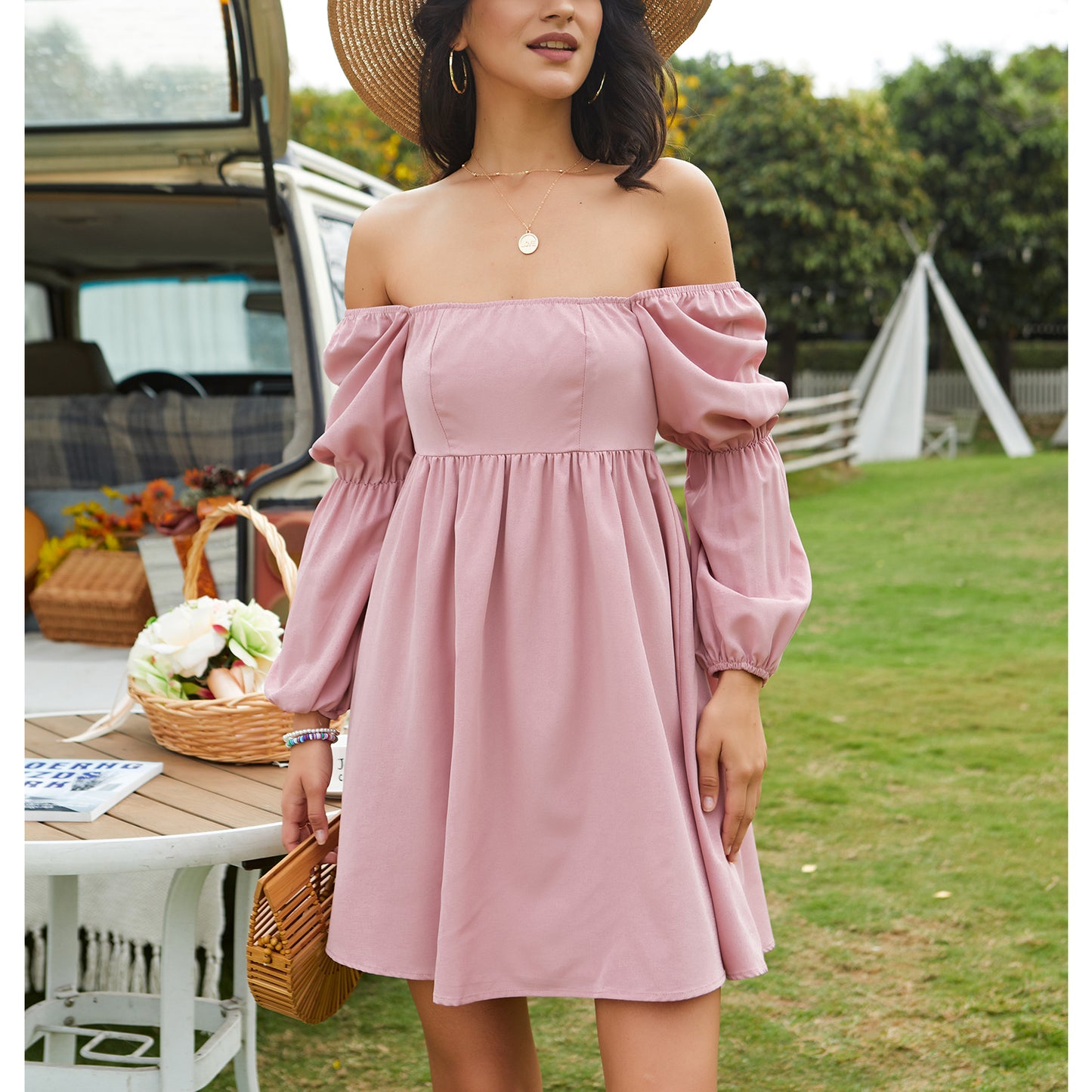 Square Neck Dress Long Puff Sleeve A-Line Casual Short Mini Dress