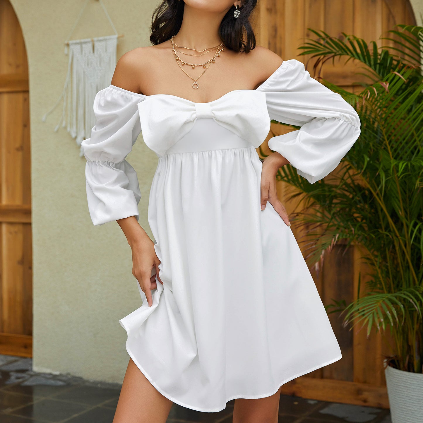 Casual Mini Dress Square Neck Bow Long Puff Sleeve Dress Empire Waist Boho Wedding Guest Dress
