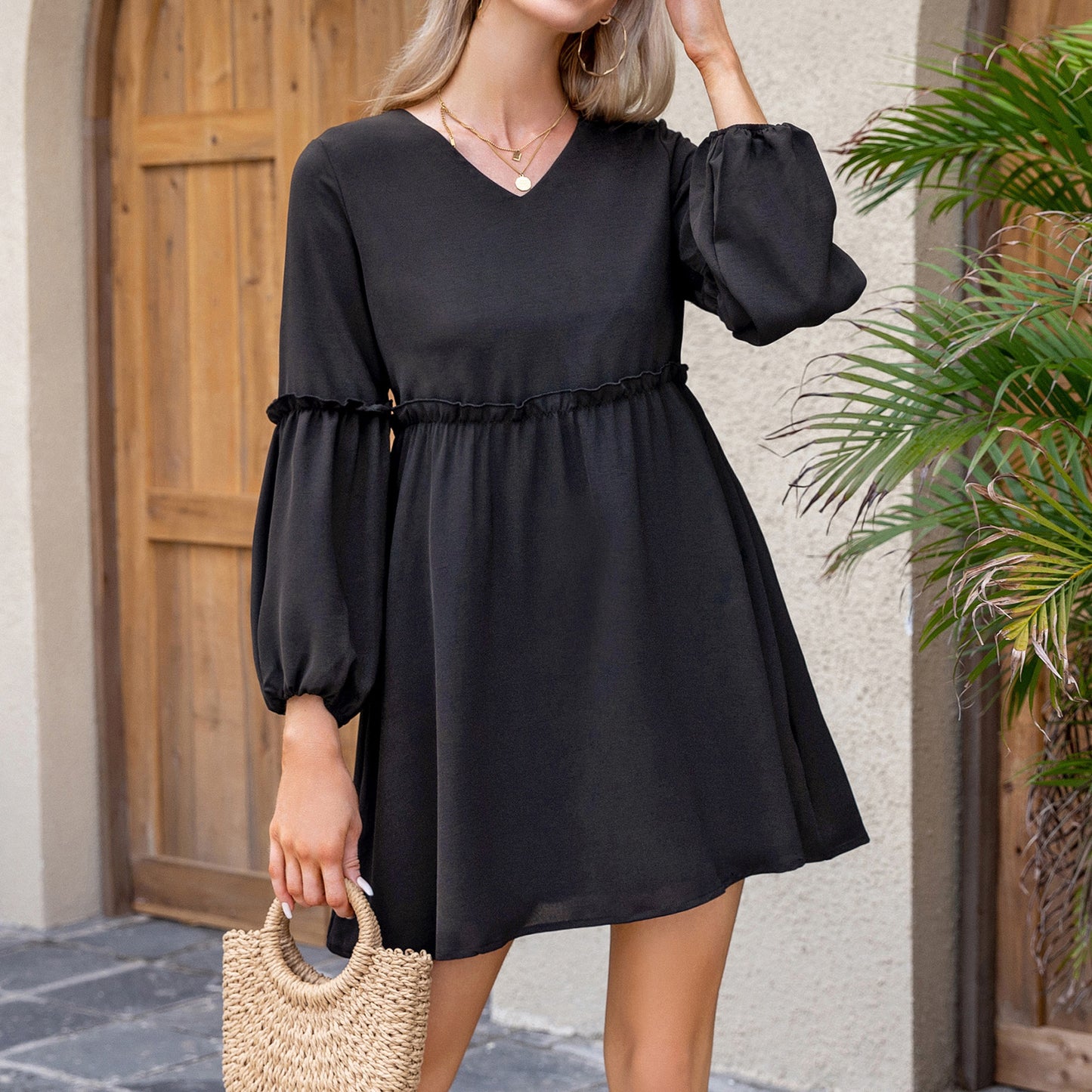 Exlura Women’s Casual Flowy Tunic Tshirt Dress V Neck Ruffle Long Puff Sleeve Dress Cocktail Party Mini Dress