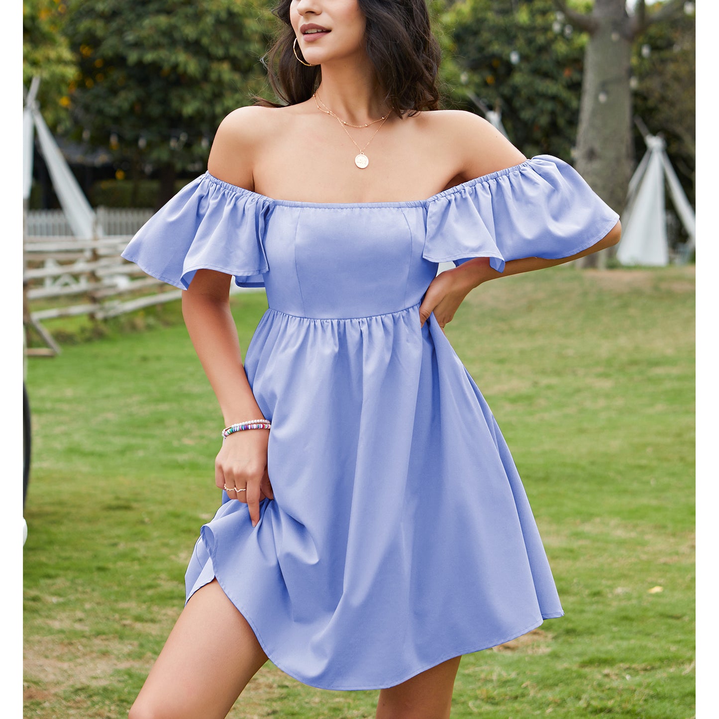 High Waist A-Line Smocked Back Zipper Mini Dress