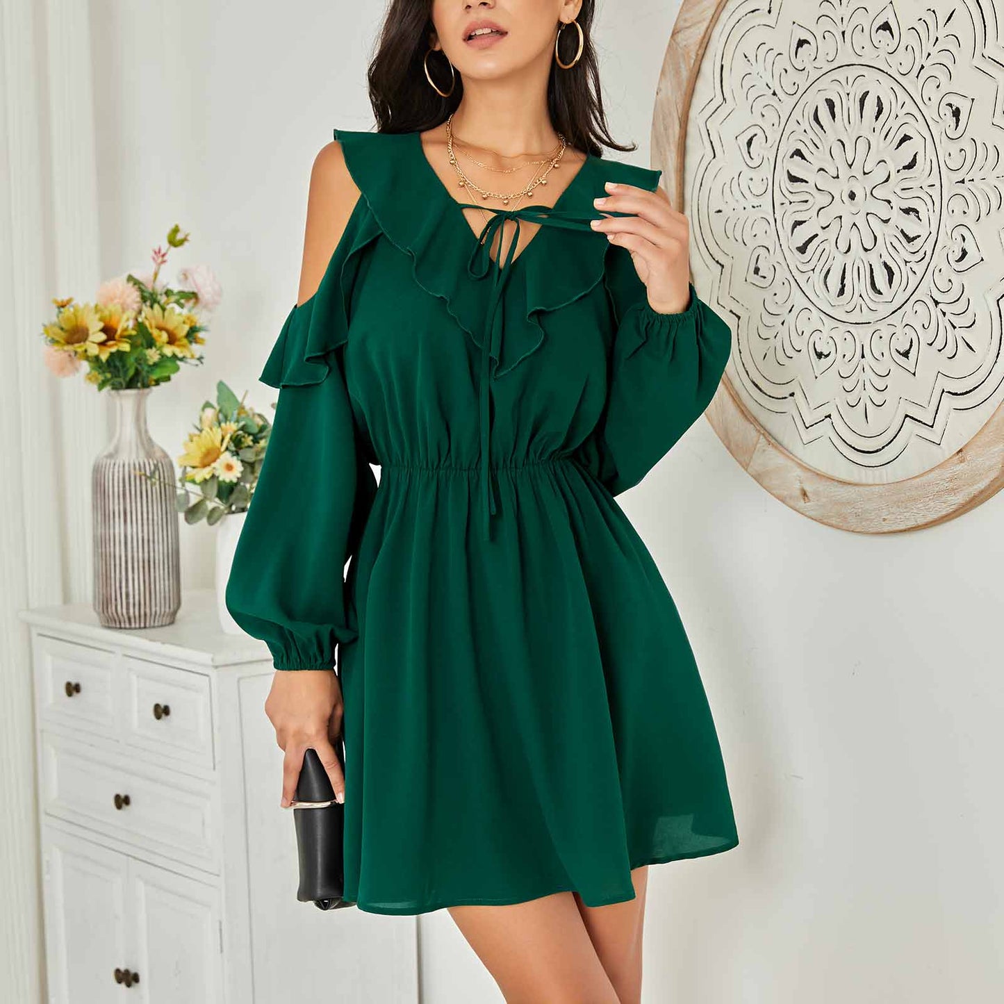 Exlura Women’s Ruffle Swing Mini Dress Cold Shoulder V Neck Long Sleeve Dress Cute Bridal Shower Wedding Guest Dress