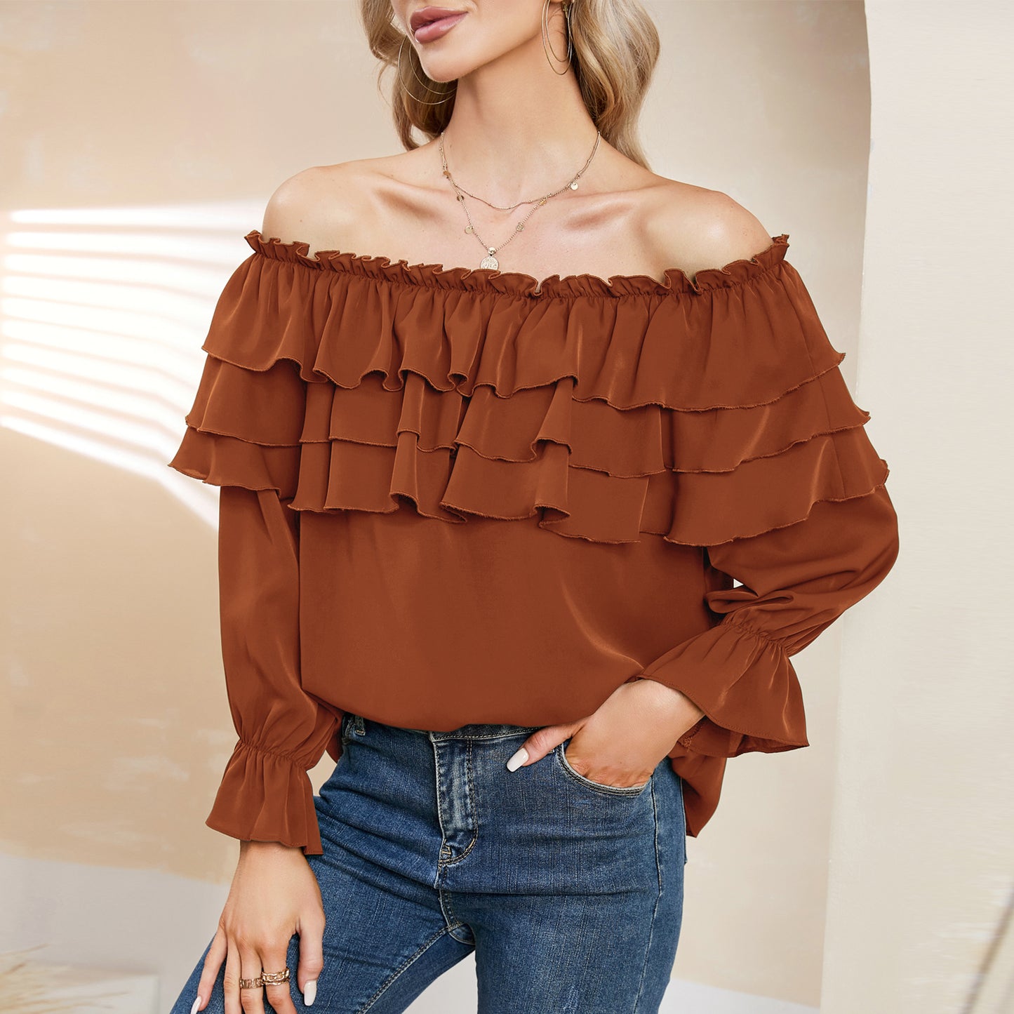 Byinns Women’s Off The Shoulder Layered Ruffle Tops Long Puff Sleeve Flowy Blouses Shirts Party Dressy Tops