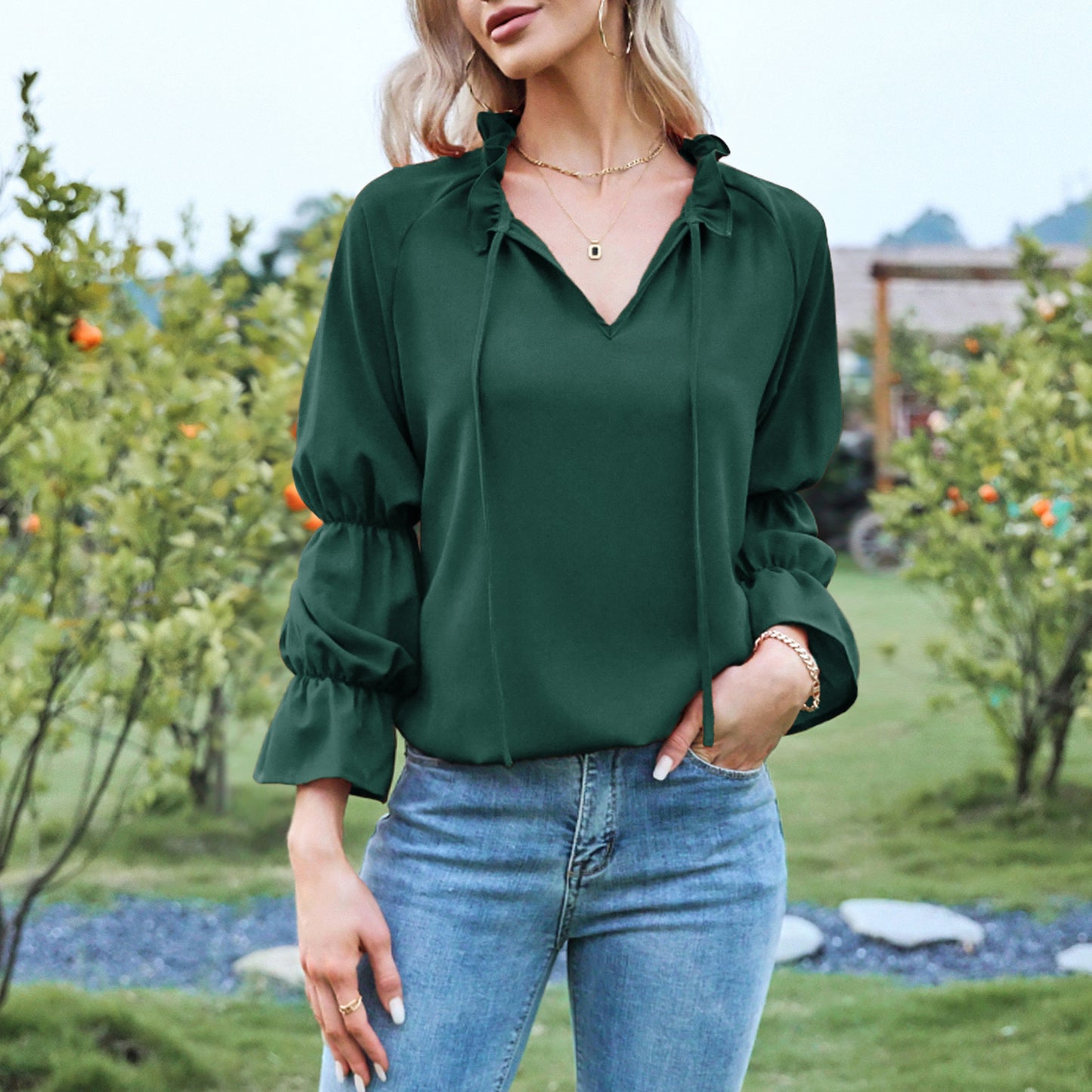 Exlura Women’s Vintage Casual Mini Dress Tie Front Ruffle Long Puff Sleeve Tunic Dress Cocktail Party Dress