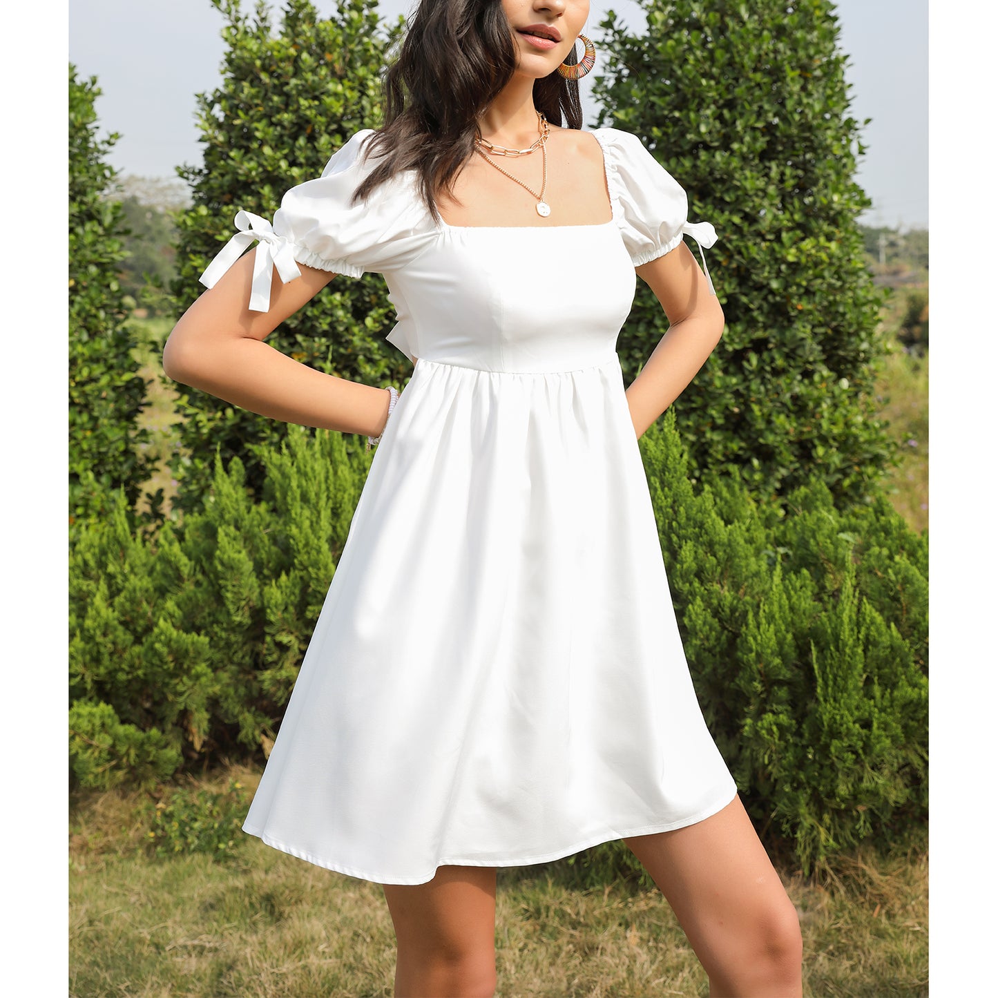 Square Neck Babydoll Dress Backless High Waist Tie Back Short Puff Sleeve Summer Mini Dress Sundress