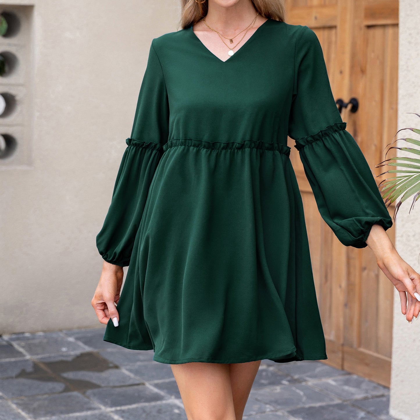 Exlura Women’s Casual Flowy Tunic Tshirt Dress V Neck Ruffle Long Puff Sleeve Dress Cocktail Party Mini Dress