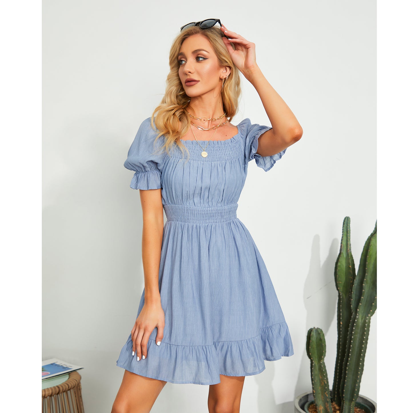 Exlura Women’s High Waist Square Neck Mini Dress Off Shoulder Smocked Puff Short Sleeve Summer Short Ruffle Dress