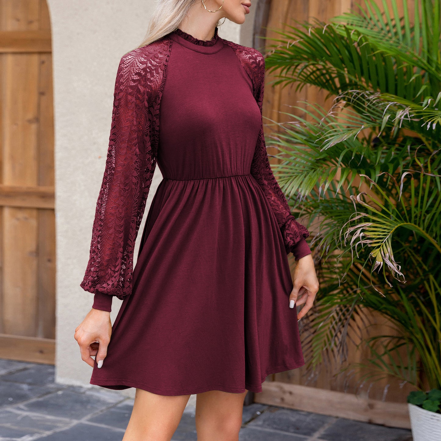 EXLURA Women’s Lace Tshirt Mini Dress Ruffle High Neck Long Puff Sleeve Swing Dress Flowy Wedding Guest Dresses