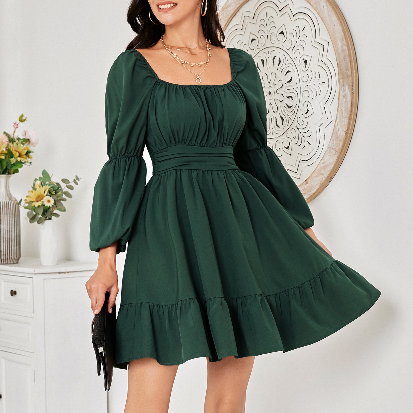 Exlura Women’s Casual Cottagecore Mini Dress Square Neck Long Puff Sleeve Dress Empire Waist Vintage Cocktail Dress