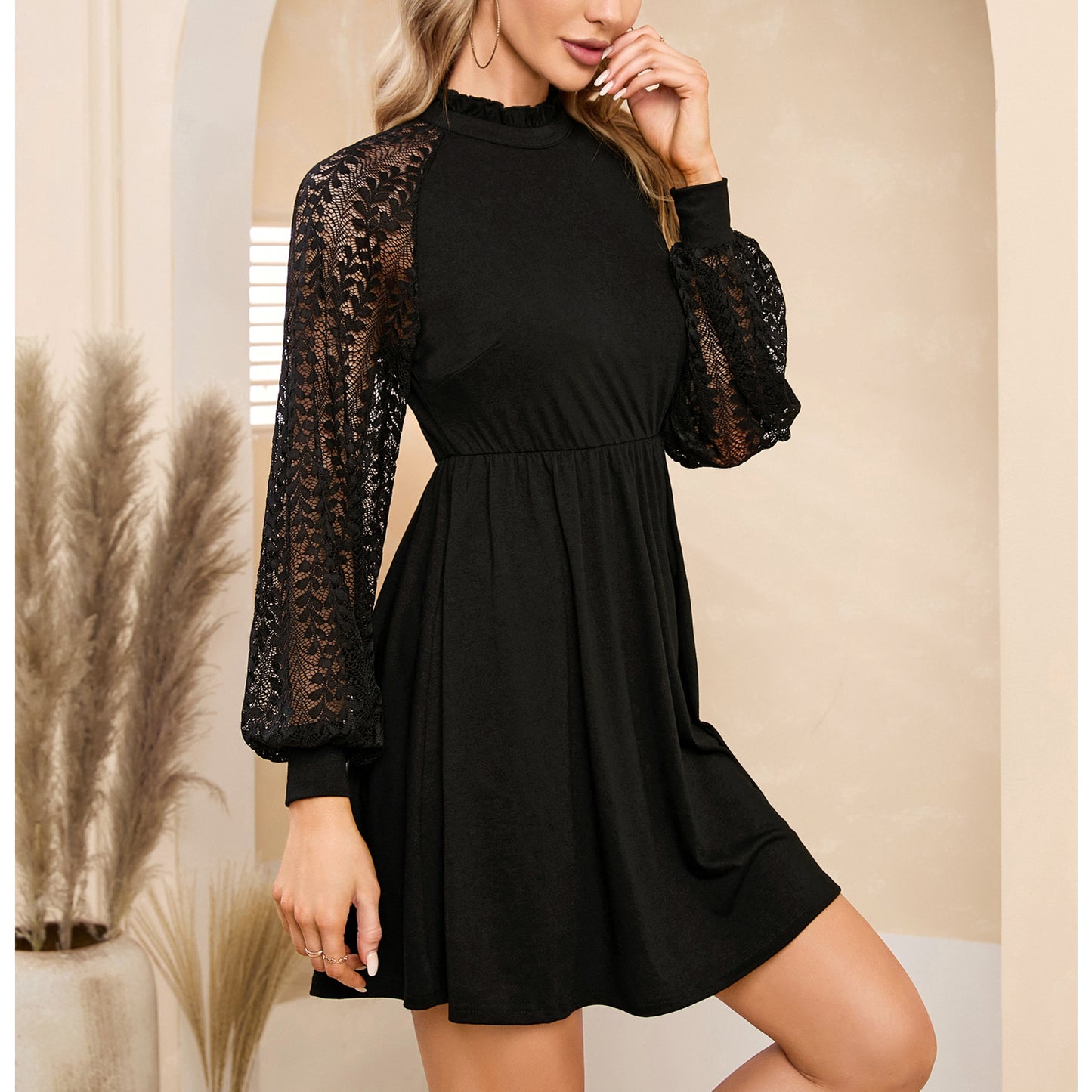 EXLURA Women’s Lace Tshirt Mini Dress Ruffle High Neck Long Puff Sleeve Swing Dress Flowy Wedding Guest Dresses