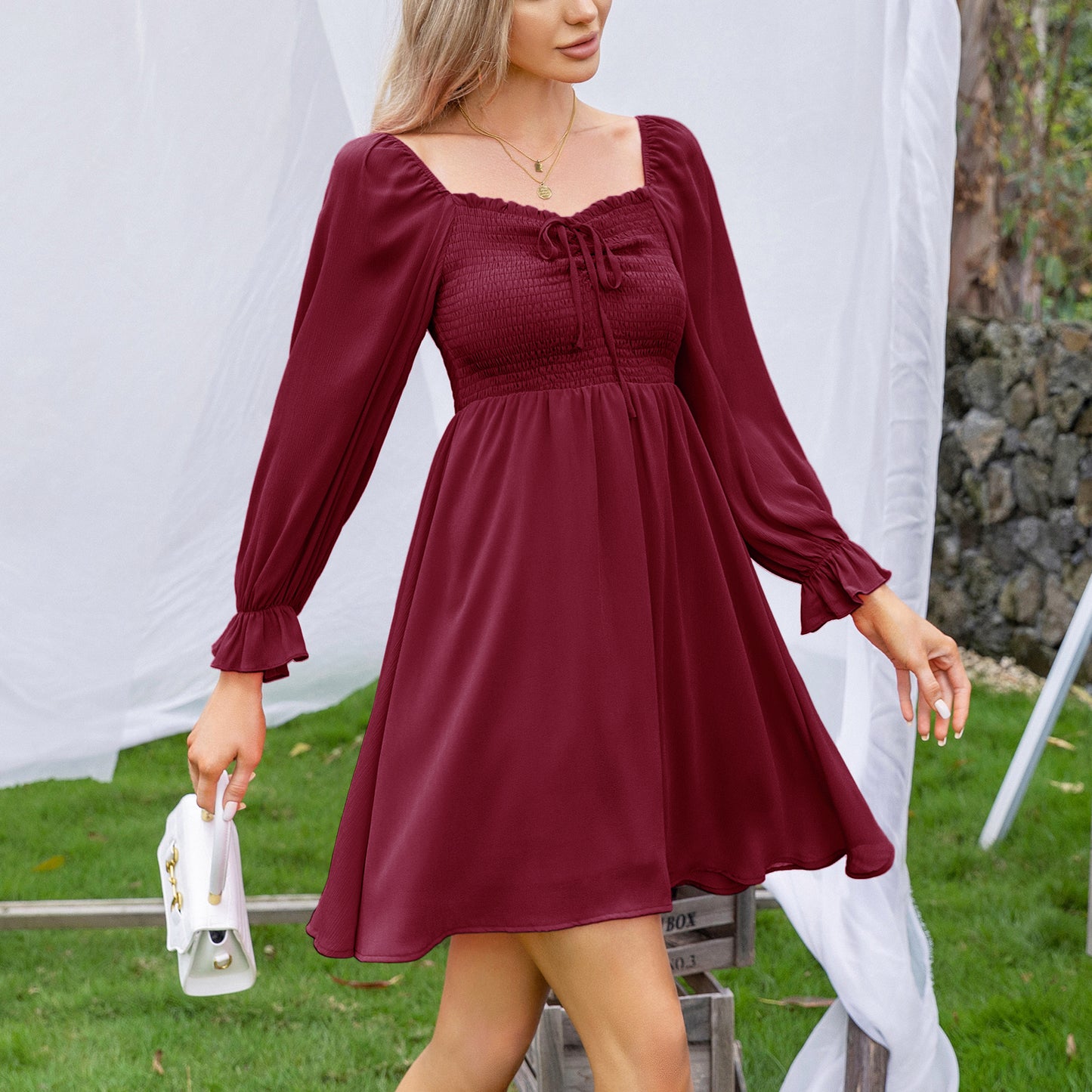 EXLURA Women’s Drawstring Mini Dress Sweetheart Neckline Smocked Flowy Dress Puff Long Sleeve Ruffle Cute Wedding Guest Dress