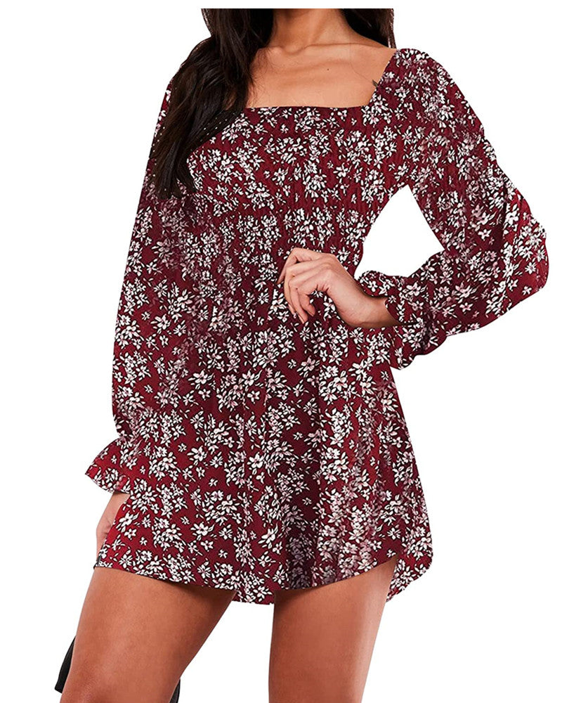 Exlura Womens Square Neck Long Sleeve High Waist Smocked A Line Ruffle Swing Short Dress