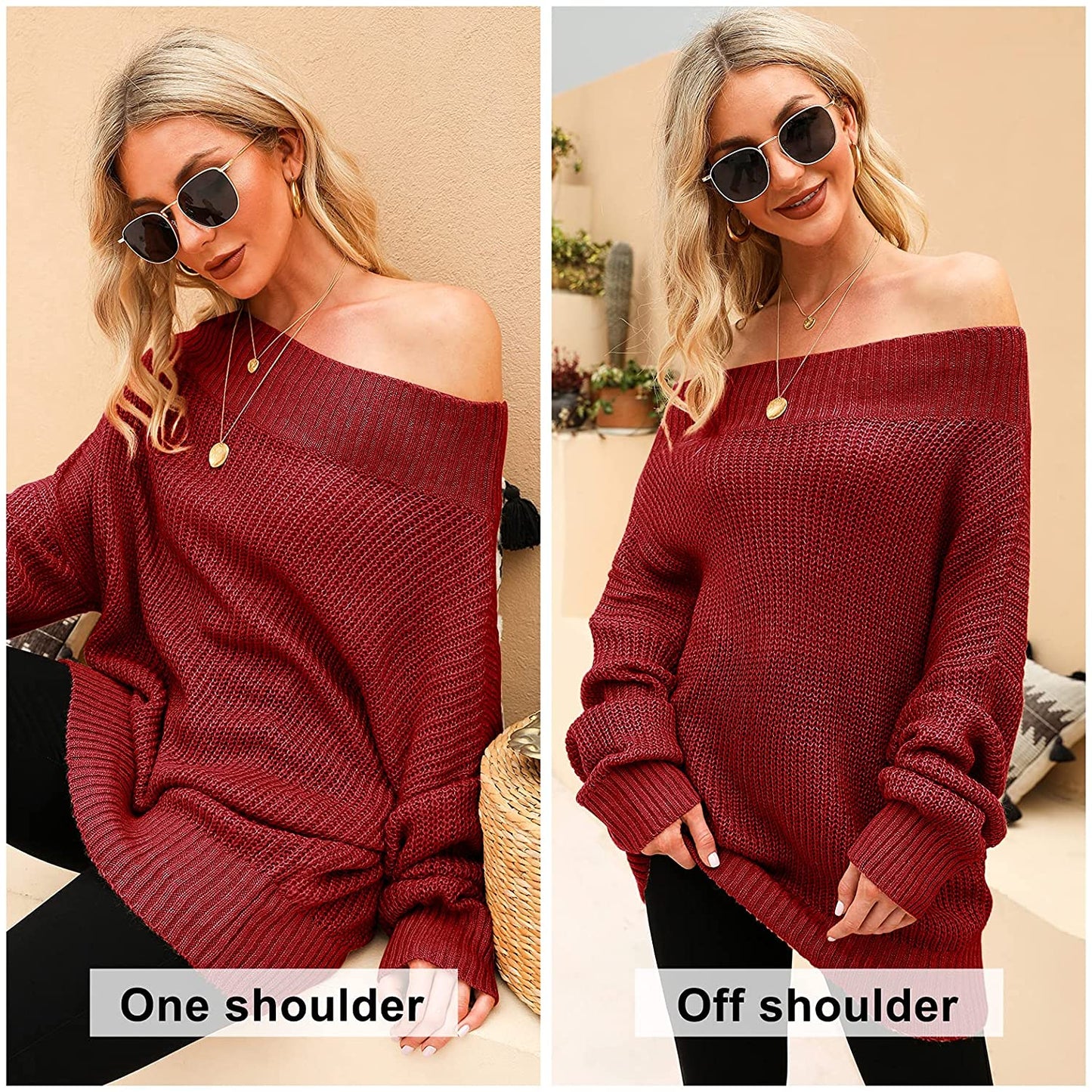 EXLURA Women's 024 New Off Shoulder Sweater Batwing Sleeve Loose Oversized Pullover Knit Jumper