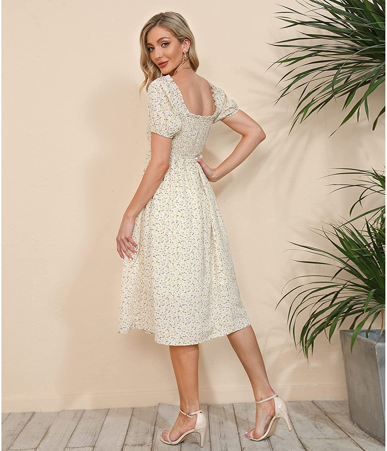 EXLURA Womens Square Neck Dress Puff Short Sleeve High Waist Smocked Ruffle Floral Sweetheart Neckline A-line Midi Dress