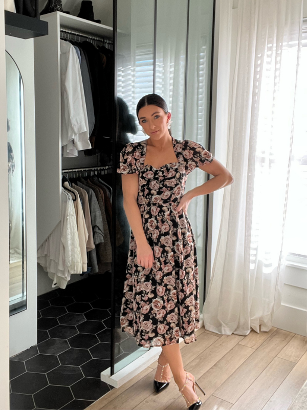 EXLURA Women’s V Neck Dress Short Puff Sleeve High Waist A-Line Backless Tie Back Floral Vintage Midi Dress
