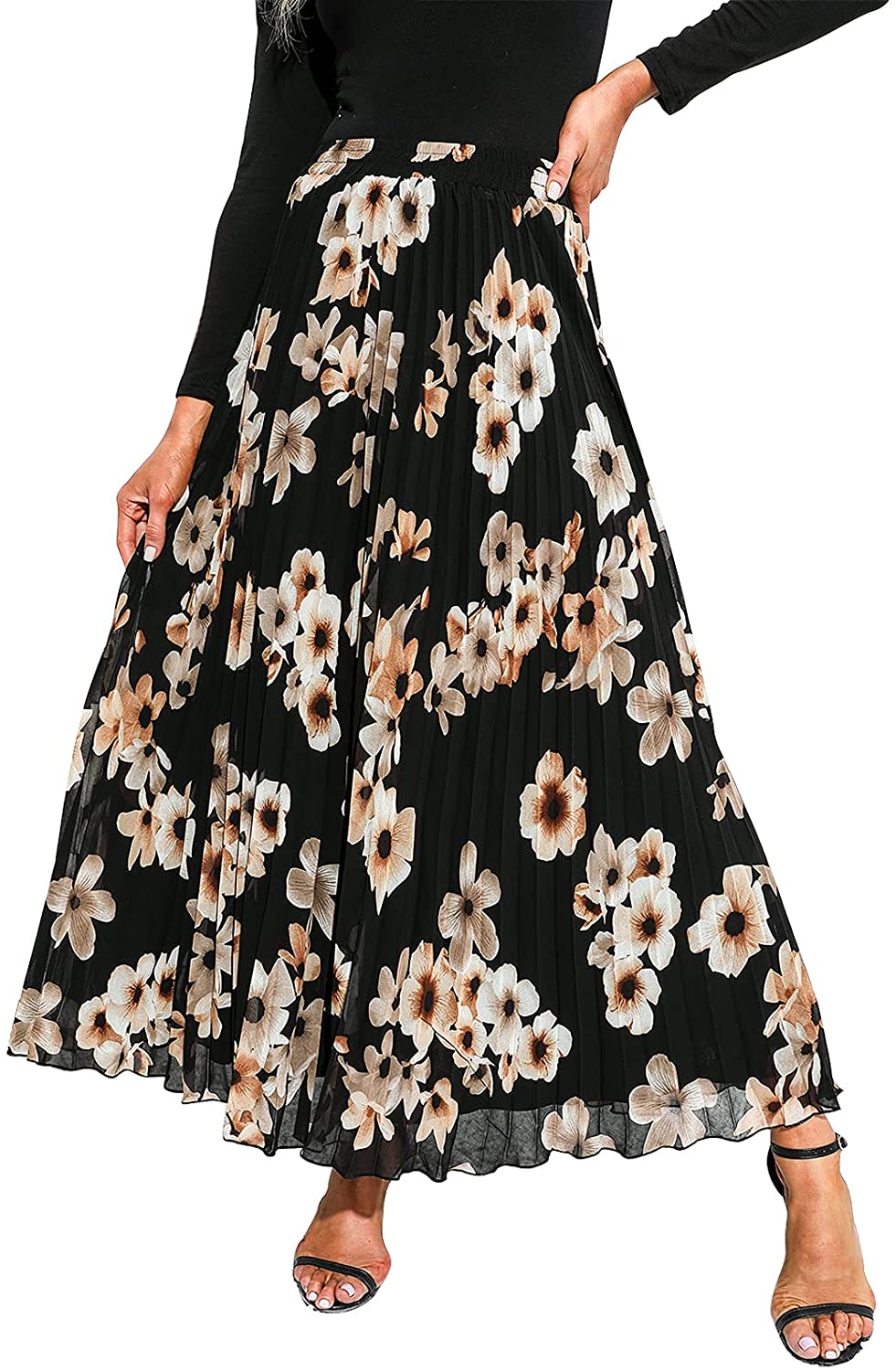 EXLURA Women's Floral Printed Chiffon Elastic High Waist Pleated Long Maxi Skirt