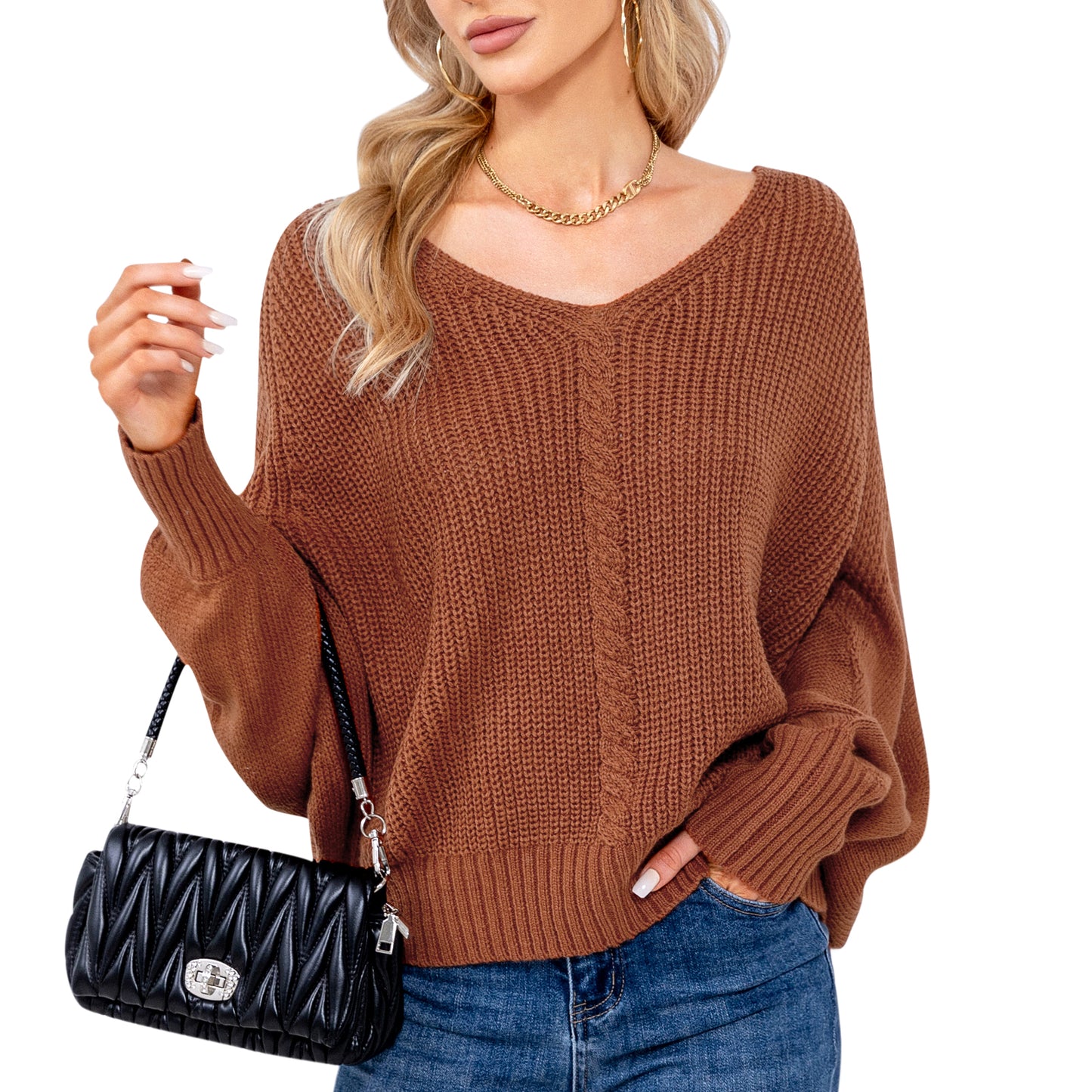 EXLURA Women's V Neck Oversized Sweater Batwing Long Sleeve Chunky Pullover Sweater Sexy Casual Trendy Tops