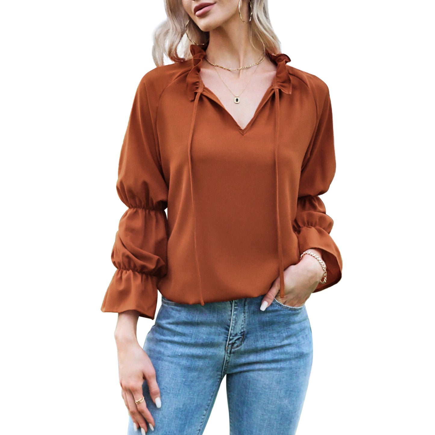 Exlura Women’s Vintage Casual Mini Dress Tie Front Ruffle Long Puff Sleeve Tunic Dress Cocktail Party Dress