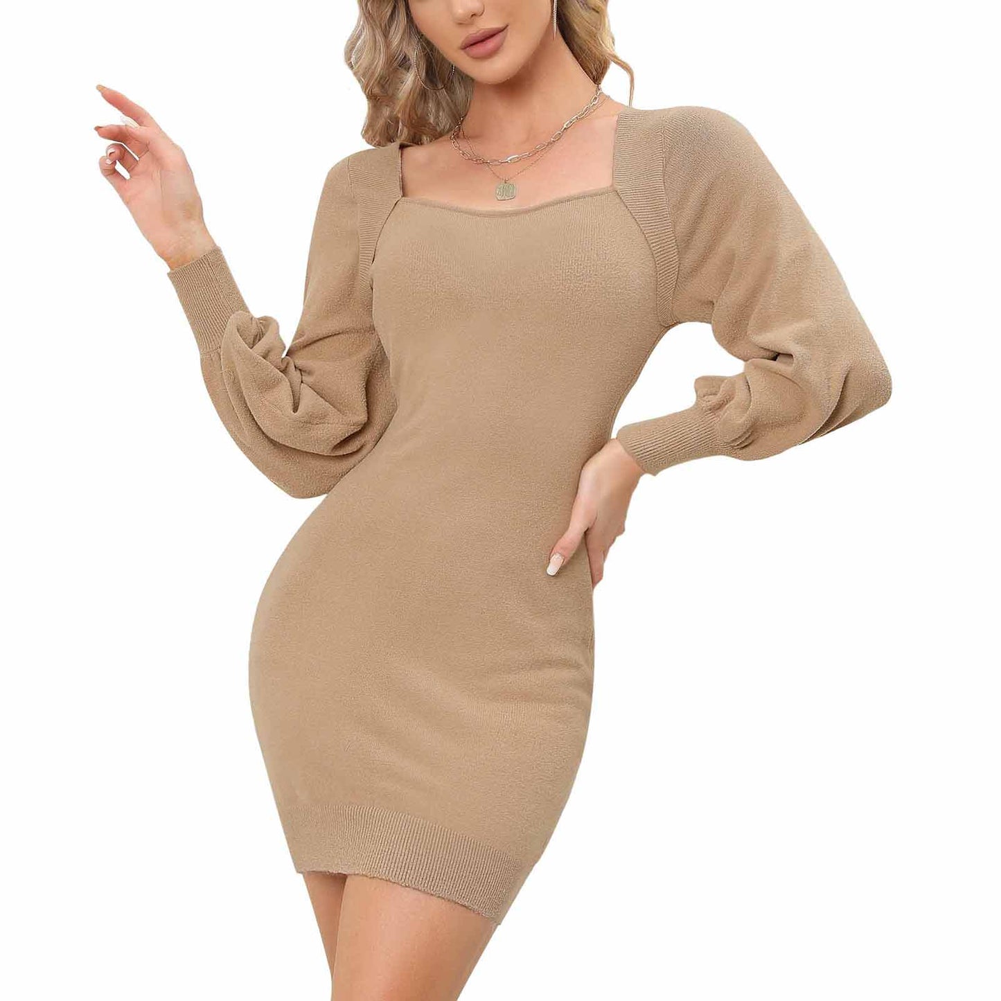 EXLURA Women’s Bodycon Pullover Sweater Dress Knit Backless Square Neck Long Lantern Sleeve Dress Sexy Mini Party Dress