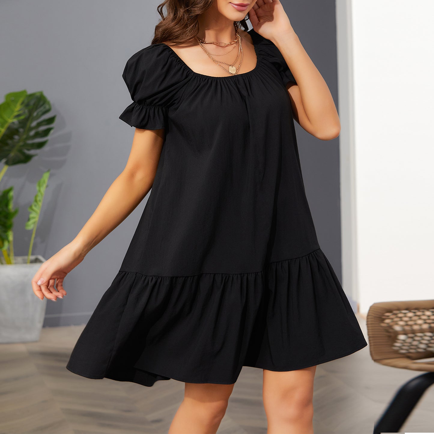 Exlura Women’s Square Neck Puff Short Sleeve Dress Off Shoulder Tiered Ruffle A-Line Babydoll Mini Party Dress