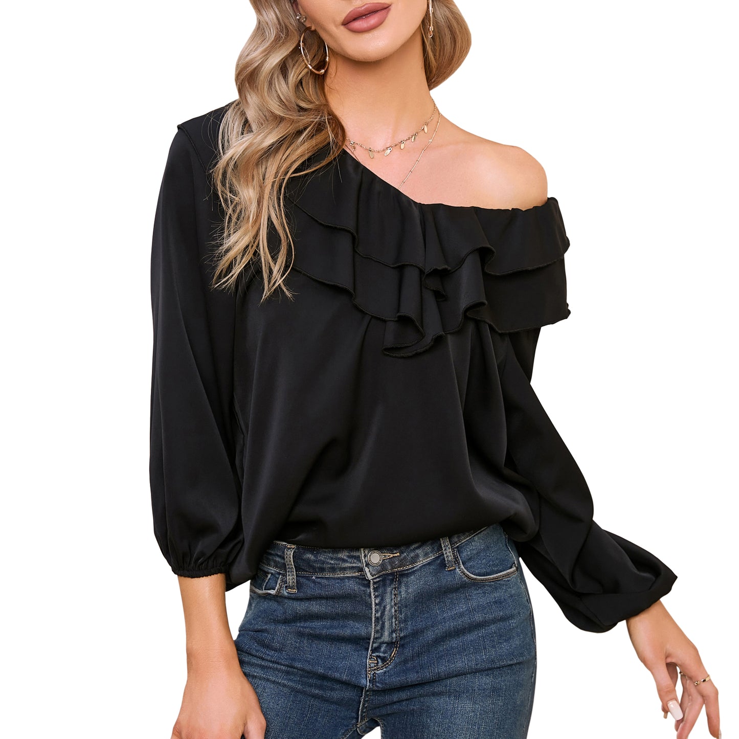 EXLURA Women’s Layered Ruffle Flowy Tops V Neck Long Puff Sleeve Blouses Shirts Casual Dressy Tops