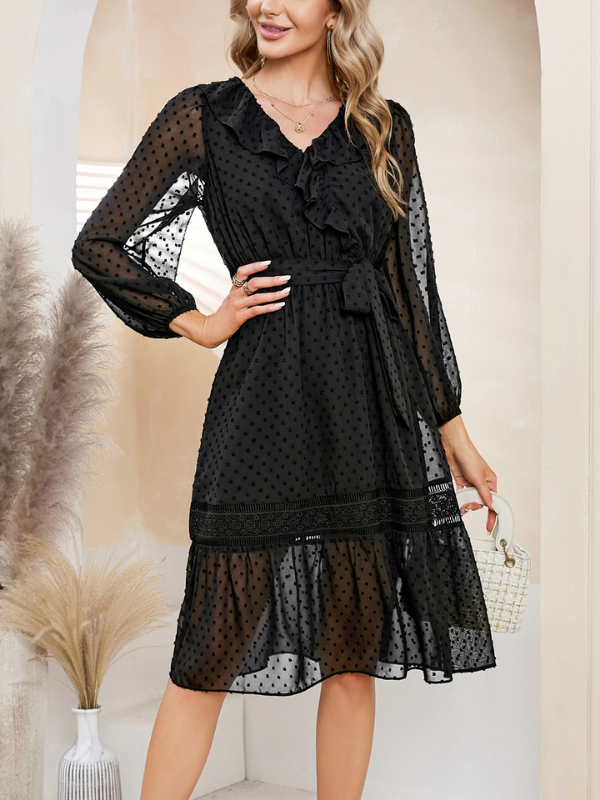 EXLURA Women’s Belted Swiss Dot V Neck Midi Dress Long Puff Sleeve Ruffle Dress Lace Patchwork Wedding Guest Dress