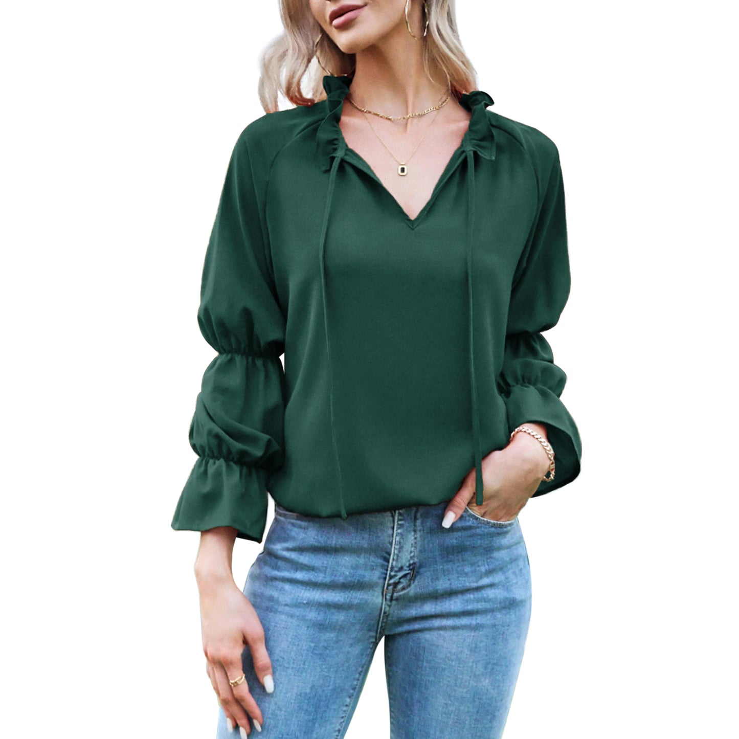 Exlura Women’s Vintage Casual Mini Dress Tie Front Ruffle Long Puff Sleeve Tunic Dress Cocktail Party Dress