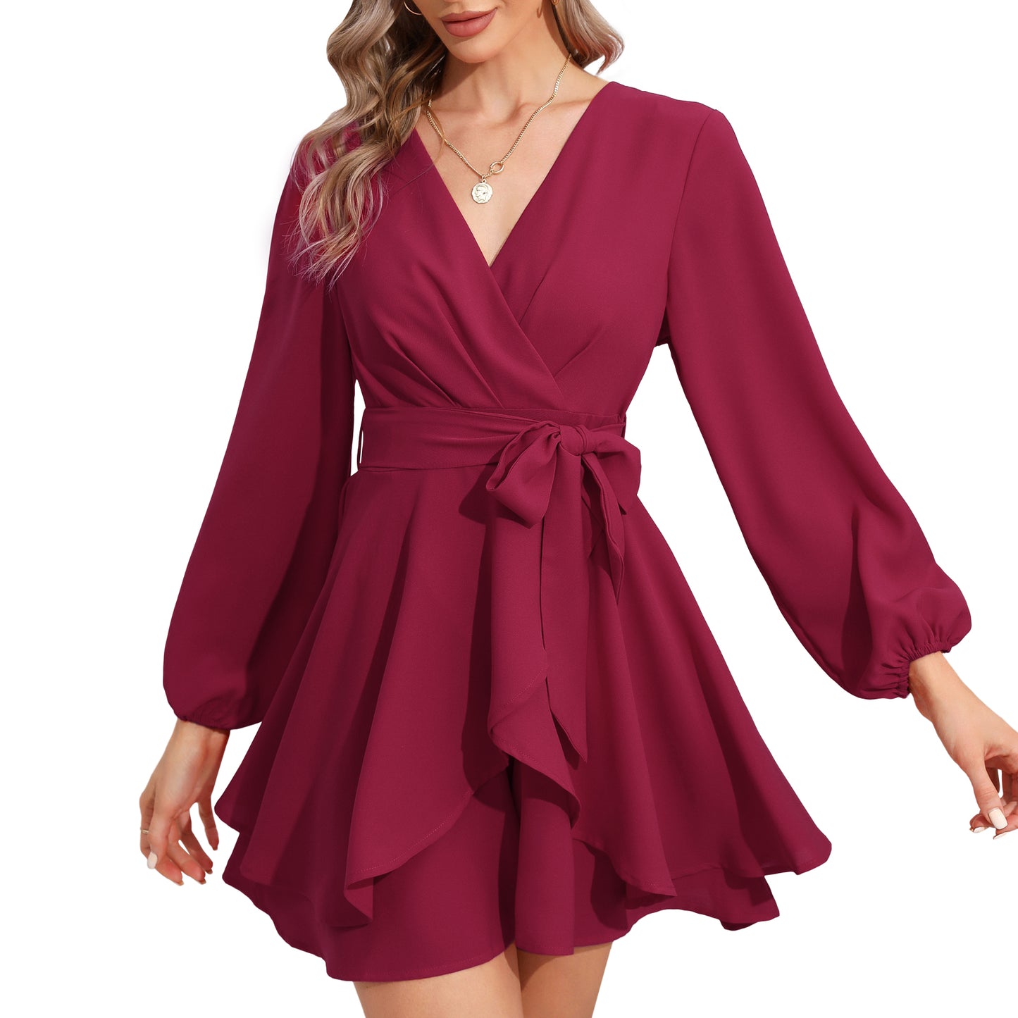 EXLURA Women’s Dressy Jumpsuit V Neck Puff Long Sleeve Waist Tie Ruffle Flowy Faux Wrap Jumpsuits Club Party Cocktail Wedding Guest Rompers