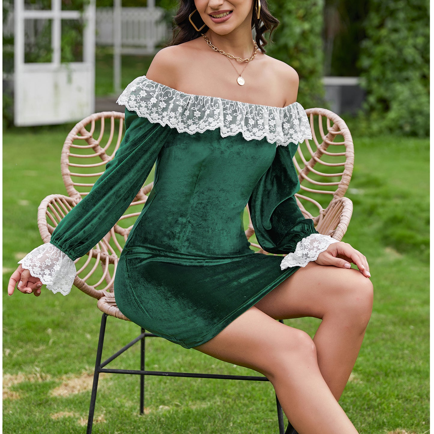 Exlura Women’s Lace Ruffle Velvet Mini Dress Square Neck Long Lantern Sleeve Victorian Dress Club Cocktail Party Bodycon Dress