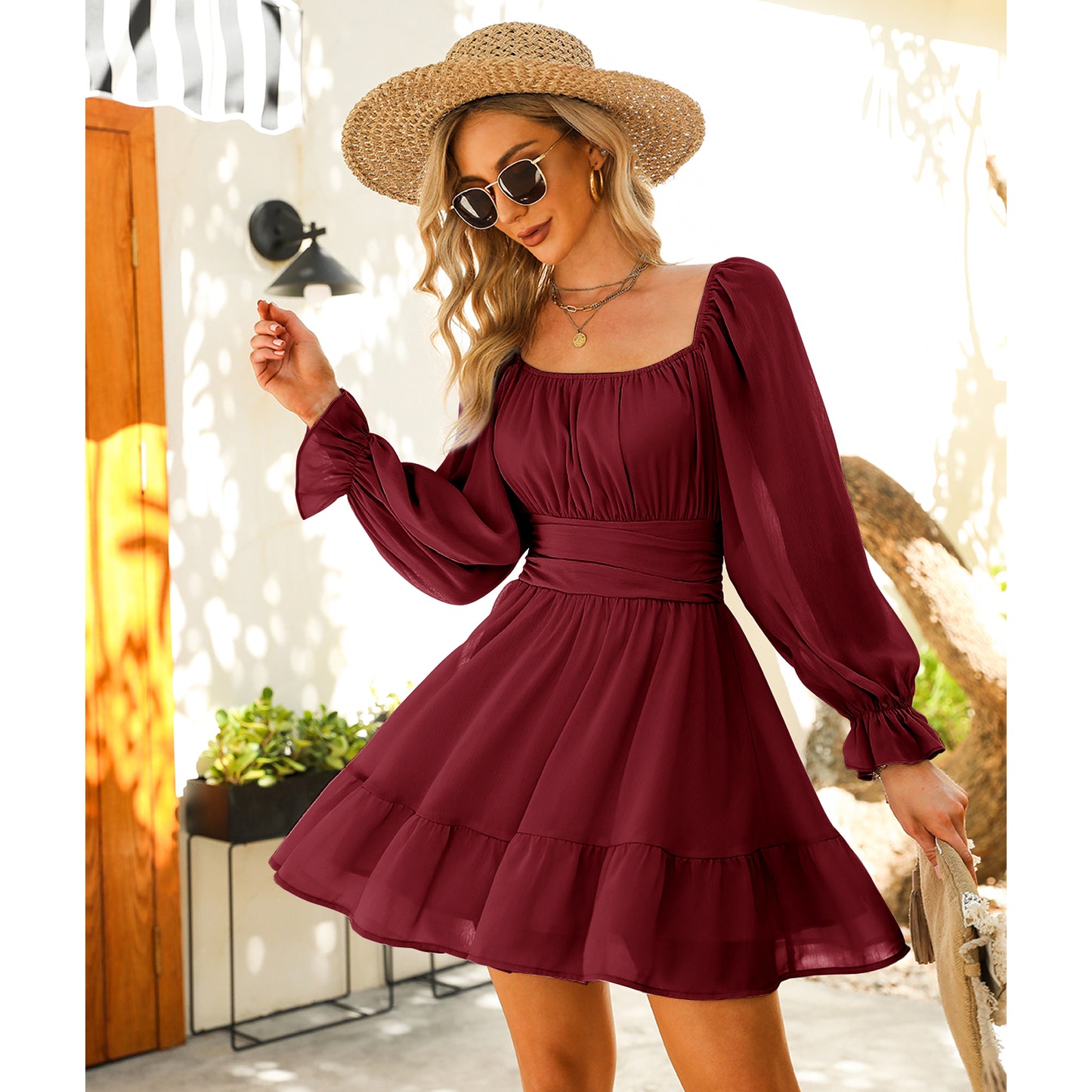 Long Lantern Sleeve Square Neck Dress Elastic Waist Aline Casual Mini Dress