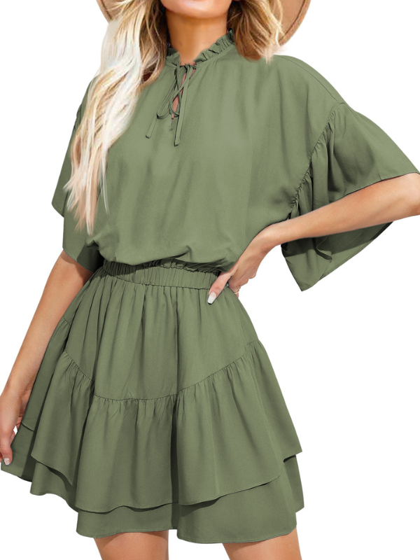 EXLURA Women’s Summer Boho Flowy Mini Dress - V Neck Short Bell Sleeve Layered Ruffle A Line Casual Wedding Guest Dress